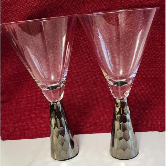 Pair Of 8" Artland Hand Blown Wine Glasses With Platinum-look Hexagonal Base - Picture 2 of 9
